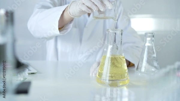 Fototapeta A scientist, wearing a lab coat and white protective gloves, is pouring a yellow oily liquid from one beaker to another in laboratory, close up. Medicine and science concept