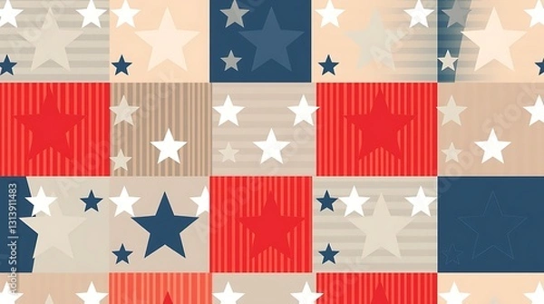 Fototapeta American Patriotic Quilt: An artistic and patriotic patchwork quilt of stars, stripes, and various textures, a visual celebration of Independence Day, with a palette of red, white, and blue hues