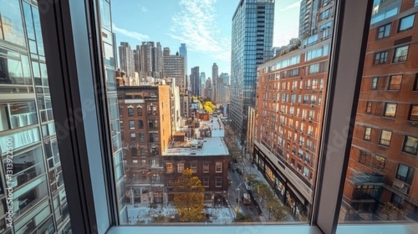 Fototapeta A stunning view of an urban cityscape through a modern glass window, showcasing the dynamic blend of architecture, nature, and city life during daylight.