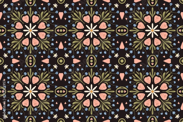 Fototapeta Colorful floral pattern with intricate details on a dark background showcases natural elements and vibrant designs
