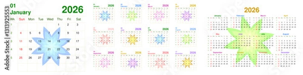 Fototapeta calendar 2026 with week number. Text and font editable and replaceable. Vector template for business, schedule, organizer, and planner. Happy new year. Flower background.
