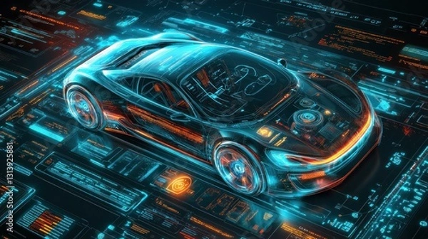 Fototapeta Futuristic Concept Car Depicted in Glowing Digital Visualization