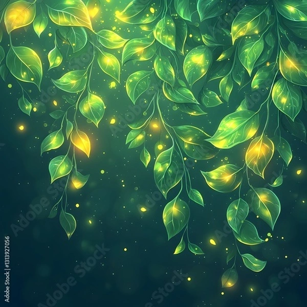 Obraz Glowing Minimalist Vine Curling Across Lush Tropical Rainforest Foliage Background