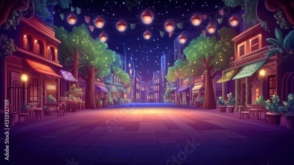 Fototapeta Empty street scene with lanterns at night. Buildings, trees, starry sky background