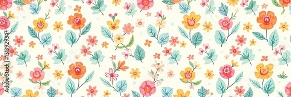 Fototapeta Cheerful and playful repeating design with tiny blossoms in pastel colors, wallpaper, ditsy, background