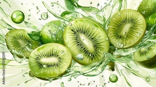 Obraz Sliced kiwis and water droplets splash in a vibrant green presentation