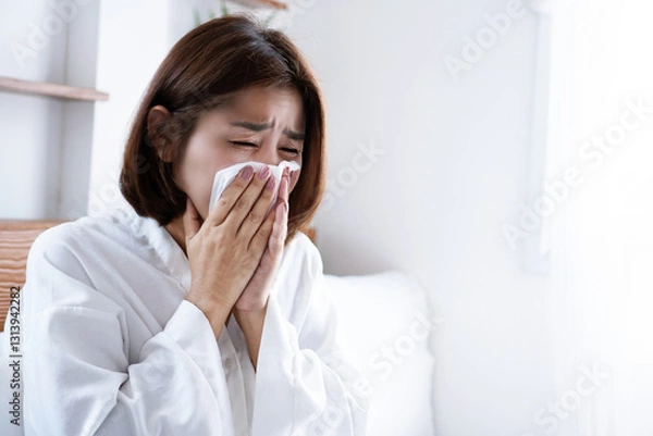 Obraz Asian woman coughing, sneezing, and has a runny nose due to a cold, flu, or allergies triggered by dust and PM2.5 air pollution