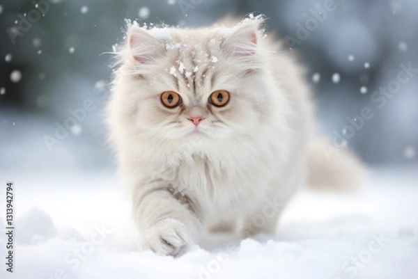 Fototapeta A Fluffy White Cat Lying in the Snow