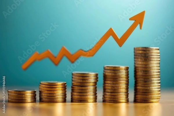 Fototapeta A high-tech digital representation of a rising finance chart with coins and arrows indicating market growth