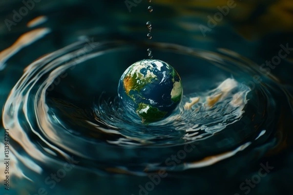 Fototapeta A captivating image of a water droplet creating ripples around a miniature Earth, symbolizing the connection between water and our planet's health.