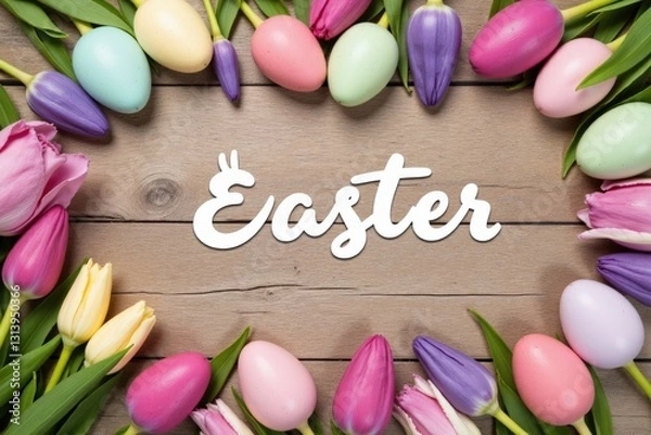 Fototapeta A Colorful Display of Easter Eggs and Tulips Celebrating Spring on a Rustic Wooden Background with the Word 'Easter' in the Center, Exuding Festive Cheer