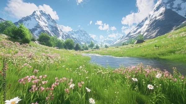 Fototapeta Alpine Meadow River Valley Landscape