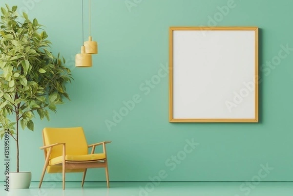 Fototapeta A room with a yellow chair and a green wall