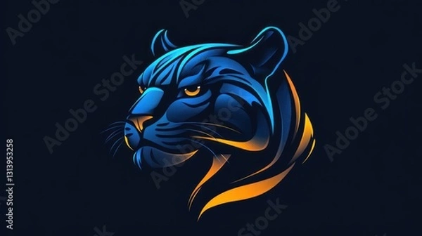 Fototapeta Abstract graphic design of a jaguar head, vibrant blue and orange lines on dark background.