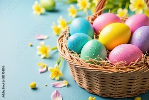 Fototapeta Colorful Easter Eggs in a Woven Basket Surrounded by Spring Flowers on a Soft Blue Background Celebrating the Joy of Easter Traditions and Festivities
