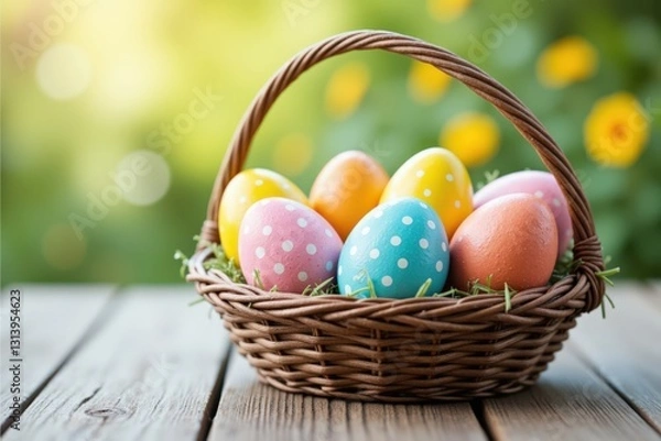 Fototapeta Colorful Easter Eggs in a Woven Basket with a Natural Background of Greenery and Flowers: A Celebration of Spring and Tradition