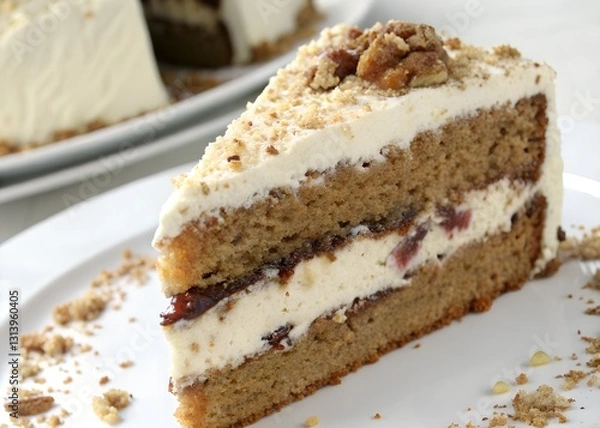 Fototapeta A Decadent Walnut And Cream Cheese Layer Cake, A Sweet Indulgence Featuring Layers Of Moist Spiced Cake And A Creamy Frosting, Topped With Crunchy Walnut Crumble