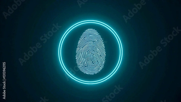 Obraz A Glowing Teal Fingerprint, Securely Encased Within A Vibrant Circle, Symbolizes Digital Identity And Personal Security With A Neon Light Effect