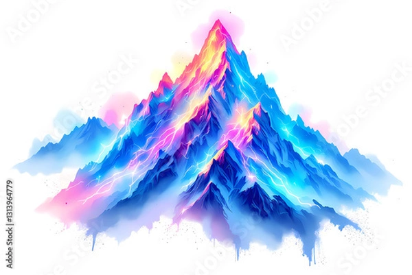 Obraz Colorful watercolor mountain vibrant blues and pinks, ethereal peaks misty atmosphere gradient colors, minimalist contemporary art transparent background. 