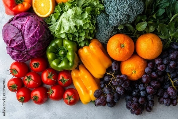 Fototapeta The concept of healthy eating and farming is represented by a flat lay of colorful, organic vegetables positioned on a white background, providing space to insert text or other design elements