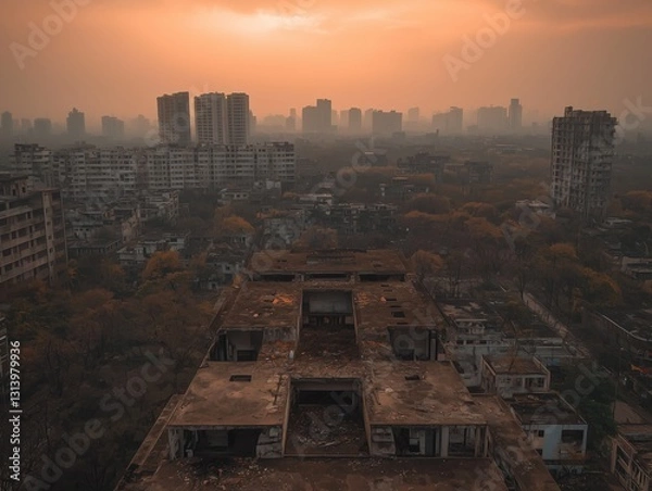 Obraz A dystopian cityscape with no greenery, dominated by concrete and pollution, under a hazy orange sky.