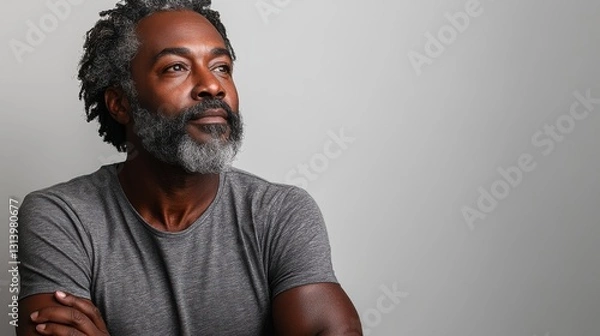 Obraz joyful middle aged black man with beard and graying hair arms crossed in gray t shirt on white background