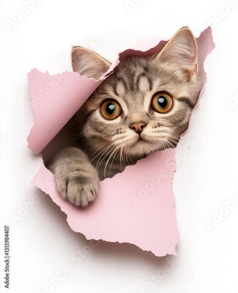 Obraz A cute cat breaking through pink paper with copy space