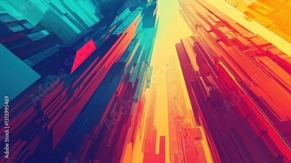 Fototapeta Abstract Colorful 3D Shapes Stretched Towards Bright Horizon