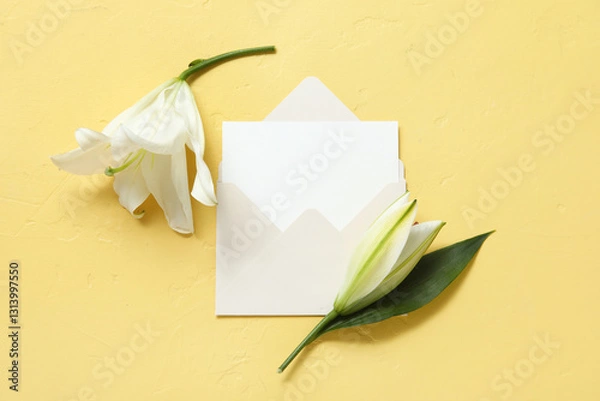 Fototapeta Composition with white lily flowers and blank card in envelope on yellow background. Top view