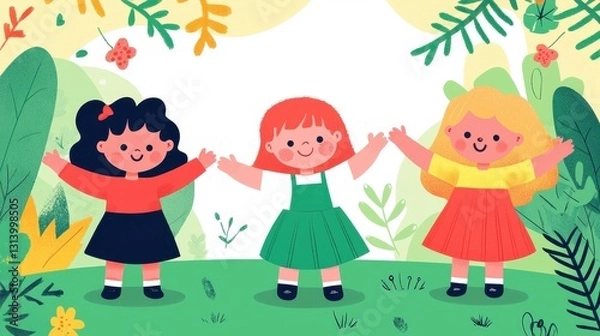 Fototapeta Three Cheerful Children in Nature with Colorful Outfits and Smiles