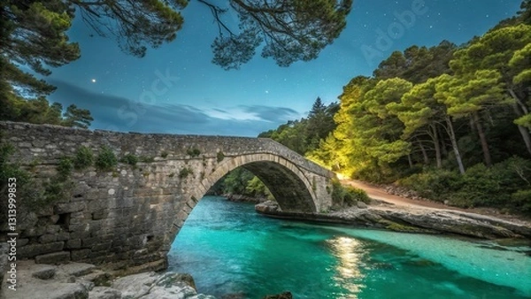 Obraz A stone bridge arches over a glowing bioluminescent bay, its stonework weathered and textured by the elements.