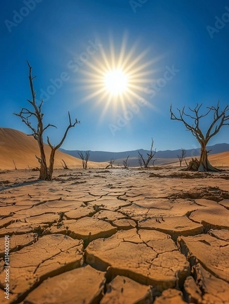 Obraz A surreal desert with cracked earth and dead trees, under a blazing sun with no clouds in sight.