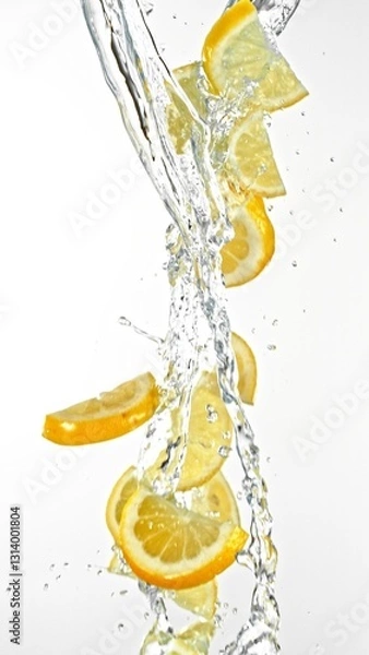 Fototapeta Fresh lemon slices falling in water splashes, isolated on white background.