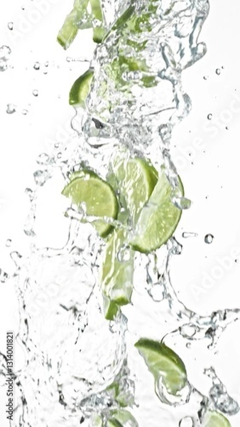 Fototapeta Fresh limes slices falling in water splashes, isolated on white background.