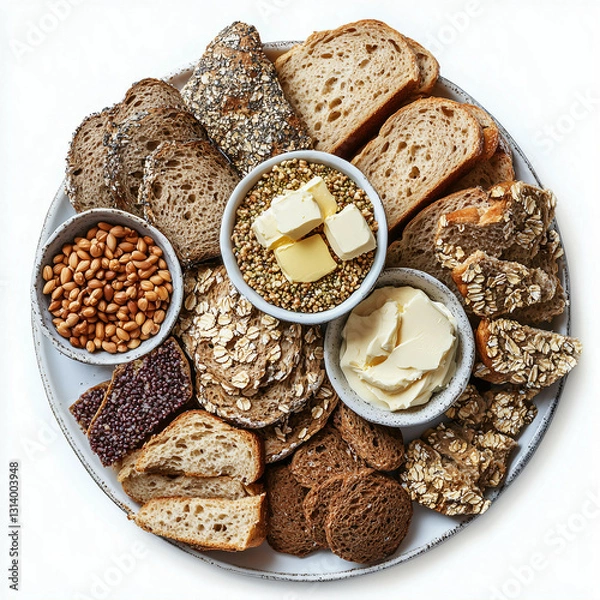 Fototapeta A round platter filled with various types of bread, butter, oats, seeds, and jam, offering a wholesome and rustic breakfast spread.