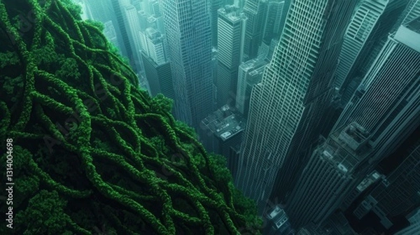 Fototapeta Green Jungle Overlapping Urban Skyscrapers Creating Unique Contrast