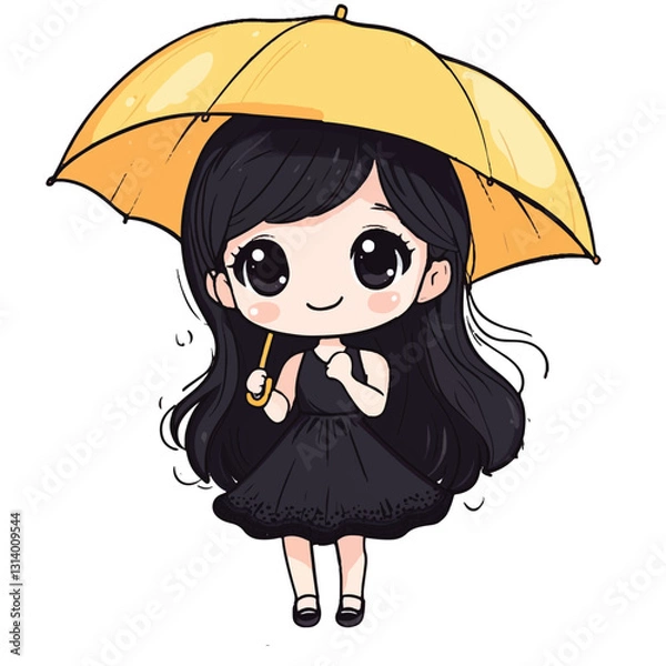 Fototapeta A cute chibi girl holds a small umbrella, her big sparkling eyes filled with joy. Her delicate outfit sways as she stands, radiating a sweet and cheerful charm. With a gentle smile, she looks like a l