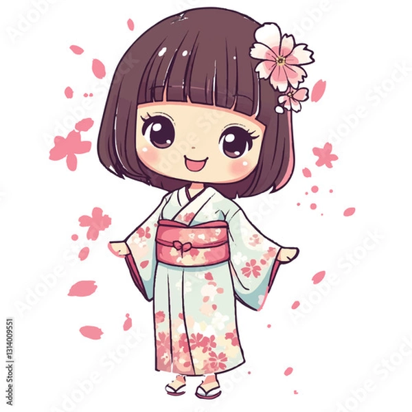 Fototapeta A chibi girl wearing a traditional Japanese yukata stands cheerfully, her big sparkling eyes full of joy. Her kimono sleeves sway gently as she holds a small festival fan. With a bright smile, she rad