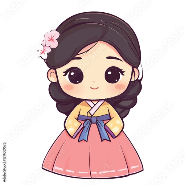 Fototapeta A chibi girl dressed in a colorful Korean hanbok smiles sweetly, her round eyes shining with joy. Her delicate jeogori and flowing chima sway gently as she moves. She radiates a charming and graceful 