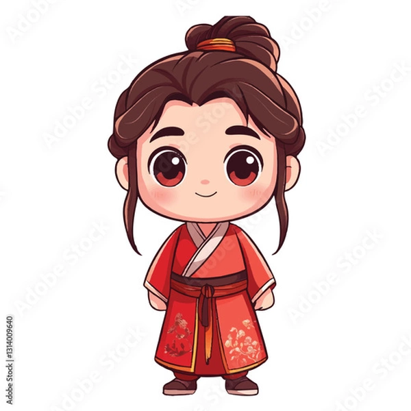 Fototapeta A chibi boy dressed in a traditional Chinese hanfu stands proudly, his bright eyes full of energy. His flowing robes and wide sleeves add to his graceful yet playful charm. With a cheerful smile, he e
