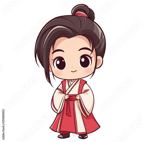 Fototapeta A chibi boy dressed in a traditional Chinese hanfu stands proudly, his bright eyes full of energy. His flowing robes and wide sleeves add to his graceful yet playful charm. With a cheerful smile, he e