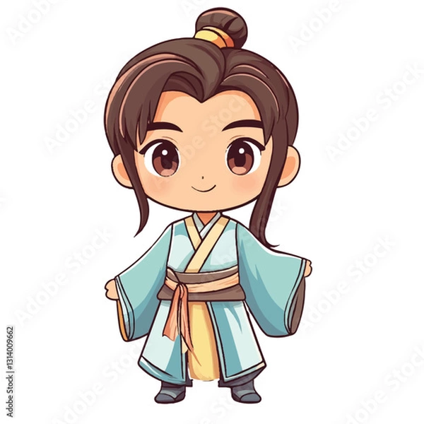 Fototapeta A chibi boy dressed in a traditional Chinese hanfu stands proudly, his bright eyes full of energy. His flowing robes and wide sleeves add to his graceful yet playful charm. With a cheerful smile, he e