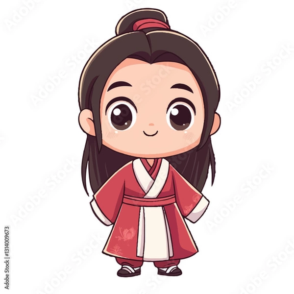 Fototapeta A chibi boy dressed in a traditional Chinese hanfu stands proudly, his bright eyes full of energy. His flowing robes and wide sleeves add to his graceful yet playful charm. With a cheerful smile, he e