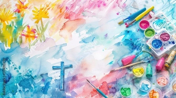 Fototapeta Bright and cheerful watercolor painting of a Sunday school craft day with children creating cute Christian crafts