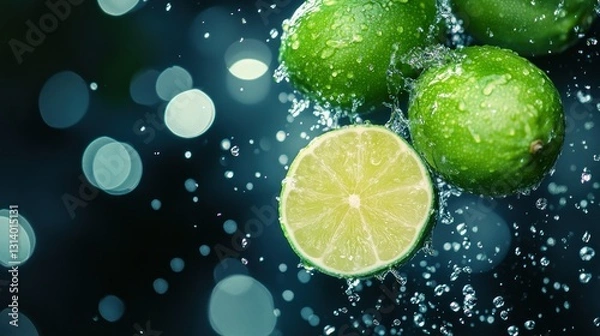 Fototapeta Fresh limes and water droplets are captured in a close up shot