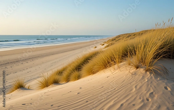 Fototapeta view, peaceful existence of sand dunes and lush beach grass by ocean, showcasing vibrant coastal plants, golden beaches, and interconnectedness of land and sea