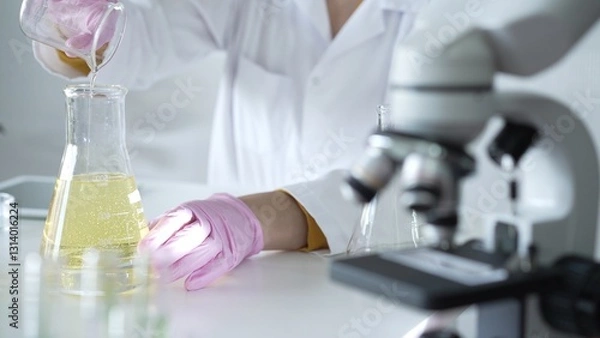 Fototapeta A scientist, wearing a lab coat and pink protective gloves, is pouring a yellow oily liquid from one beaker to another near microscope in laboratory, close up. Medicine and science