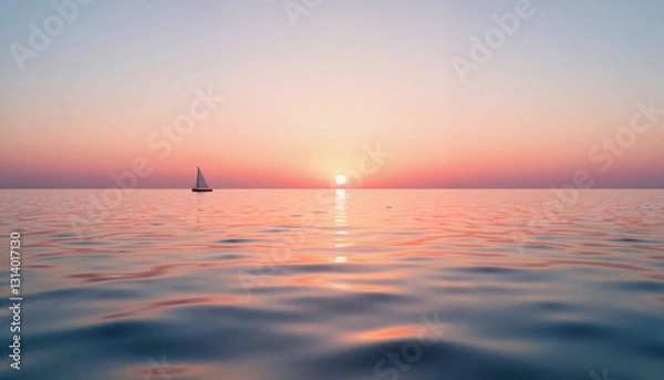 Fototapeta Distant sailboat at sunset over calm ocean, tranquility and beauty