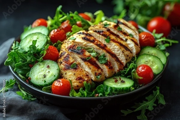 Fototapeta Grilled chicken served on a plate with salad, tomatoes and cucumbers on table