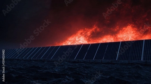 Fototapeta Solar Panels Under Threat from Fiery Sky and Dark Waterscape